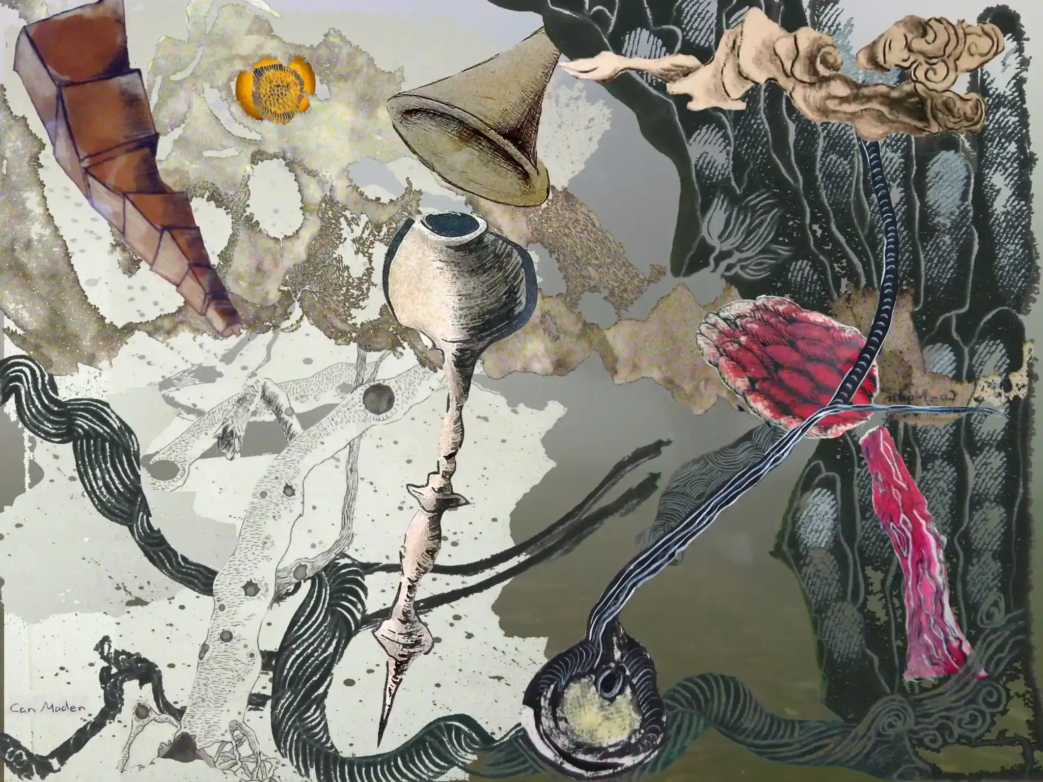 Mist I - Atmospheric mixed media artwork with plant extracts and collage by Can Maden (2014)